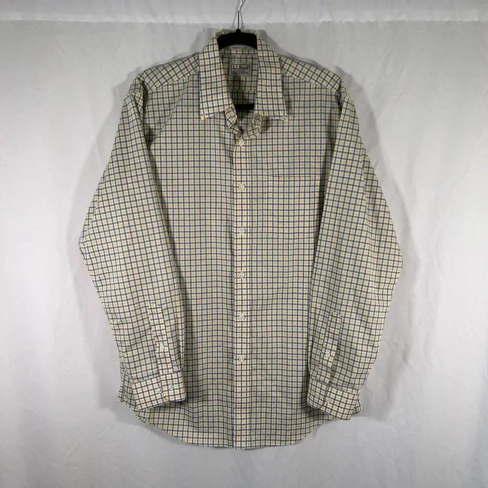 LL Bean Dress Shirt Men's Medium Yellow Plaid Button Up Long Sleeve